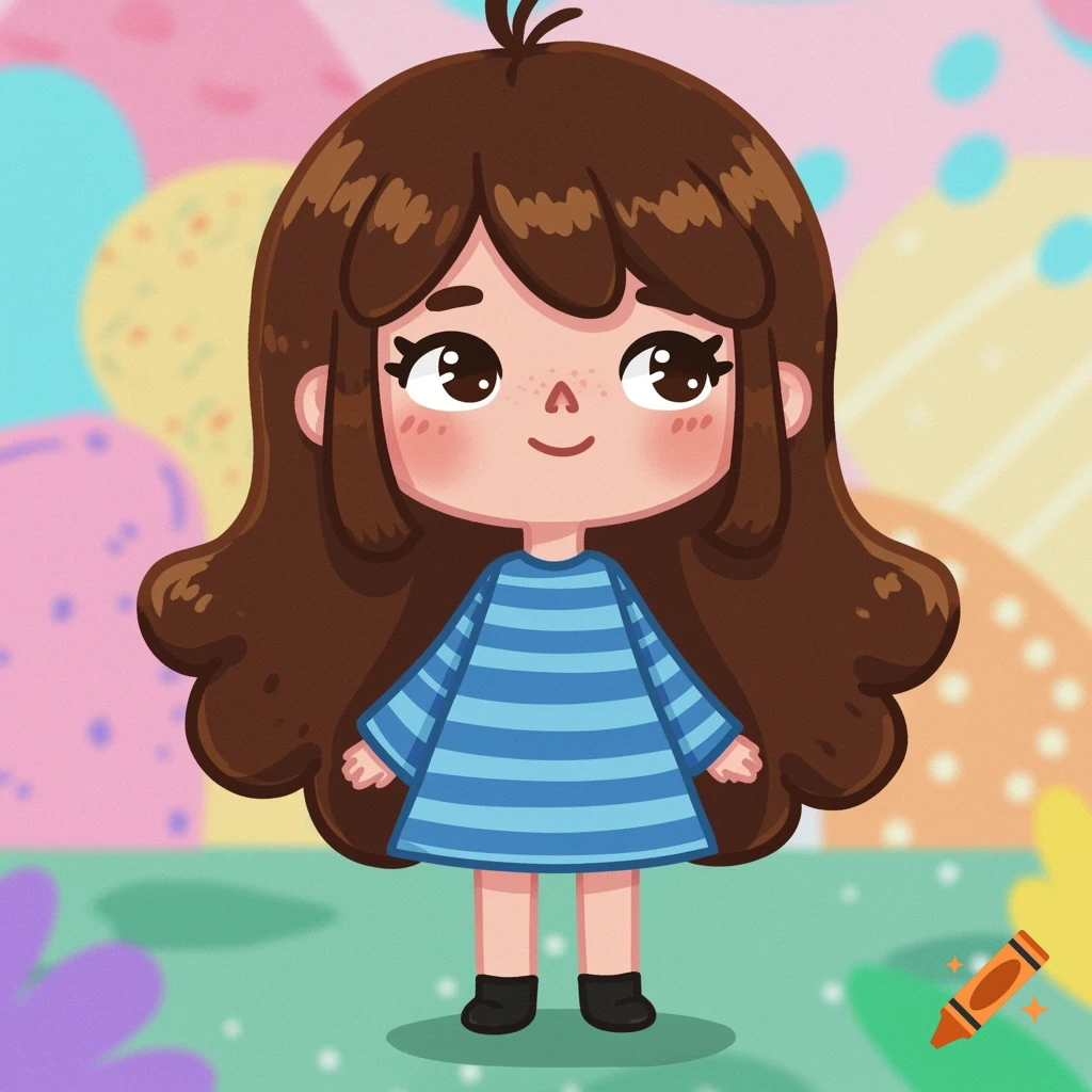 A cute cartoon girl in Toca Boca style with brown hair and a blue striped dress stands against a colorful, whimsical background.
