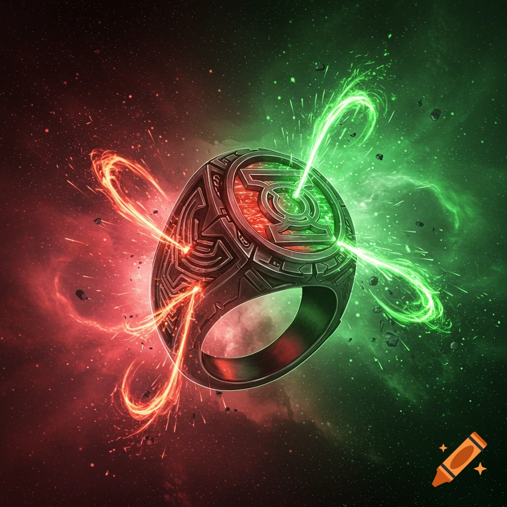 A metallic ring, split in half with red and green glow and energy tendrils, set against a red and green cosmic background.