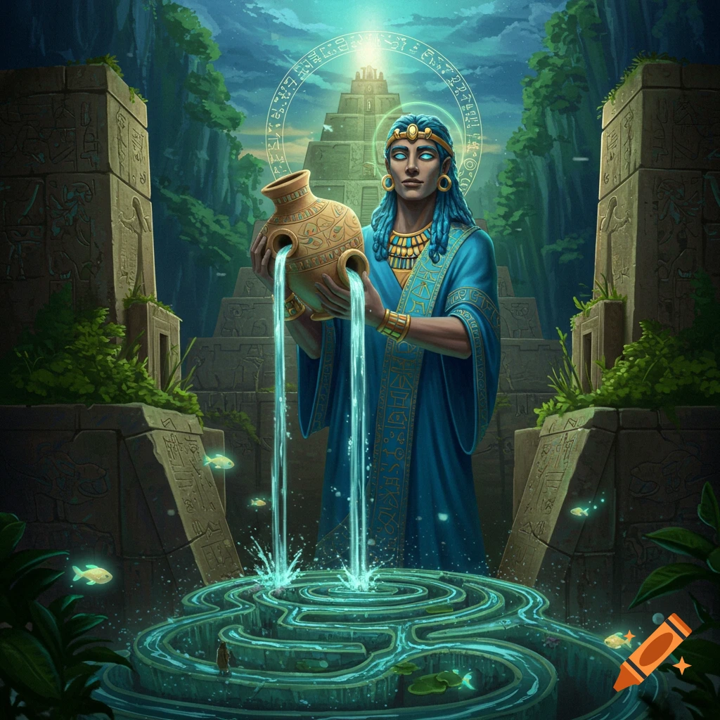 A mythical figure with blue skin and hair, dressed in ancient attire, pours water from a pot into a labyrinthine pool at a jungle temple.