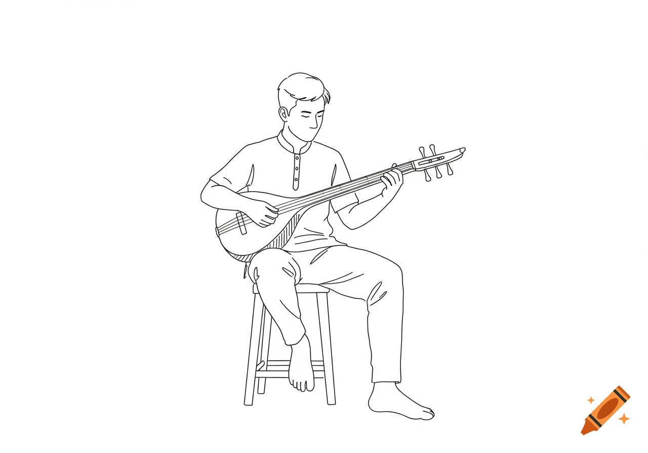 A minimalist line art drawing of a man sitting on a stool and playing a Setar.