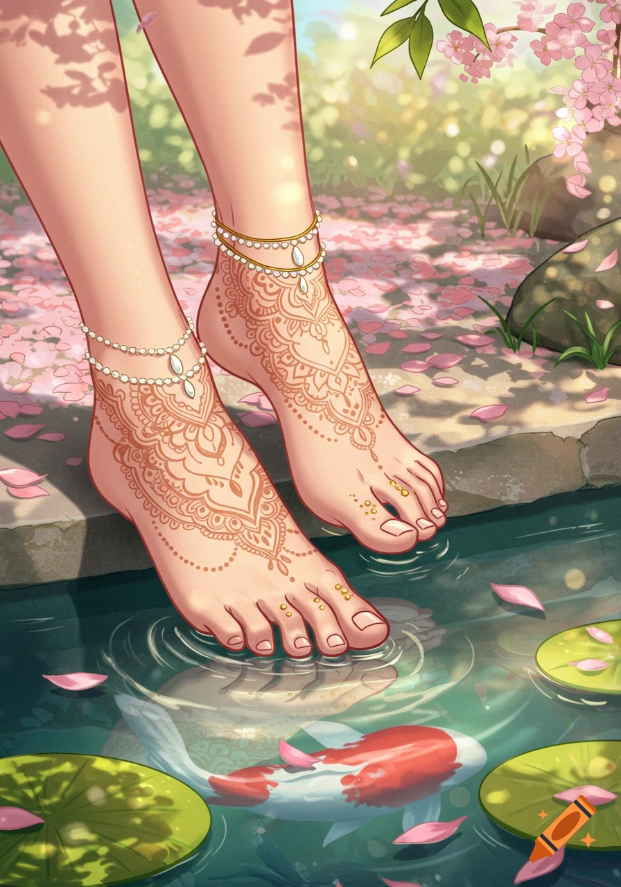 Close-up of a person's feet adorned with intricate henna and anklets, dipping into a pond with koi fish and lotus pads, under cherry blossoms.