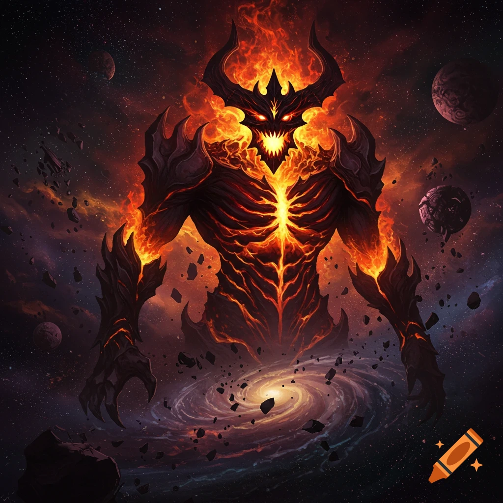 A colossal fiery demon with horns and glowing eyes floats in space amidst planets, debris, and a swirling galaxy.
