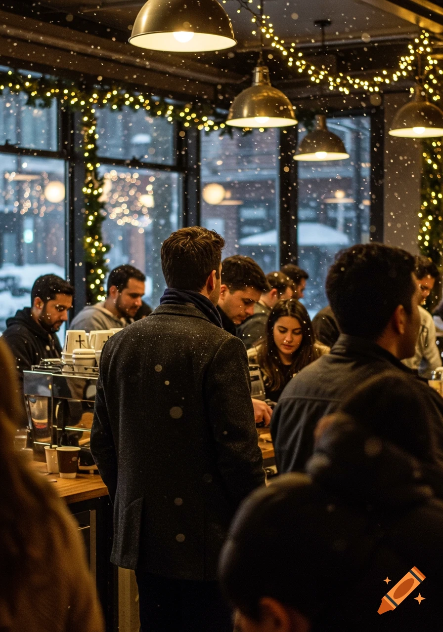 A candid photo of a man in a coat waiting in line at a busy coffee shop, with snow falling outside the window.