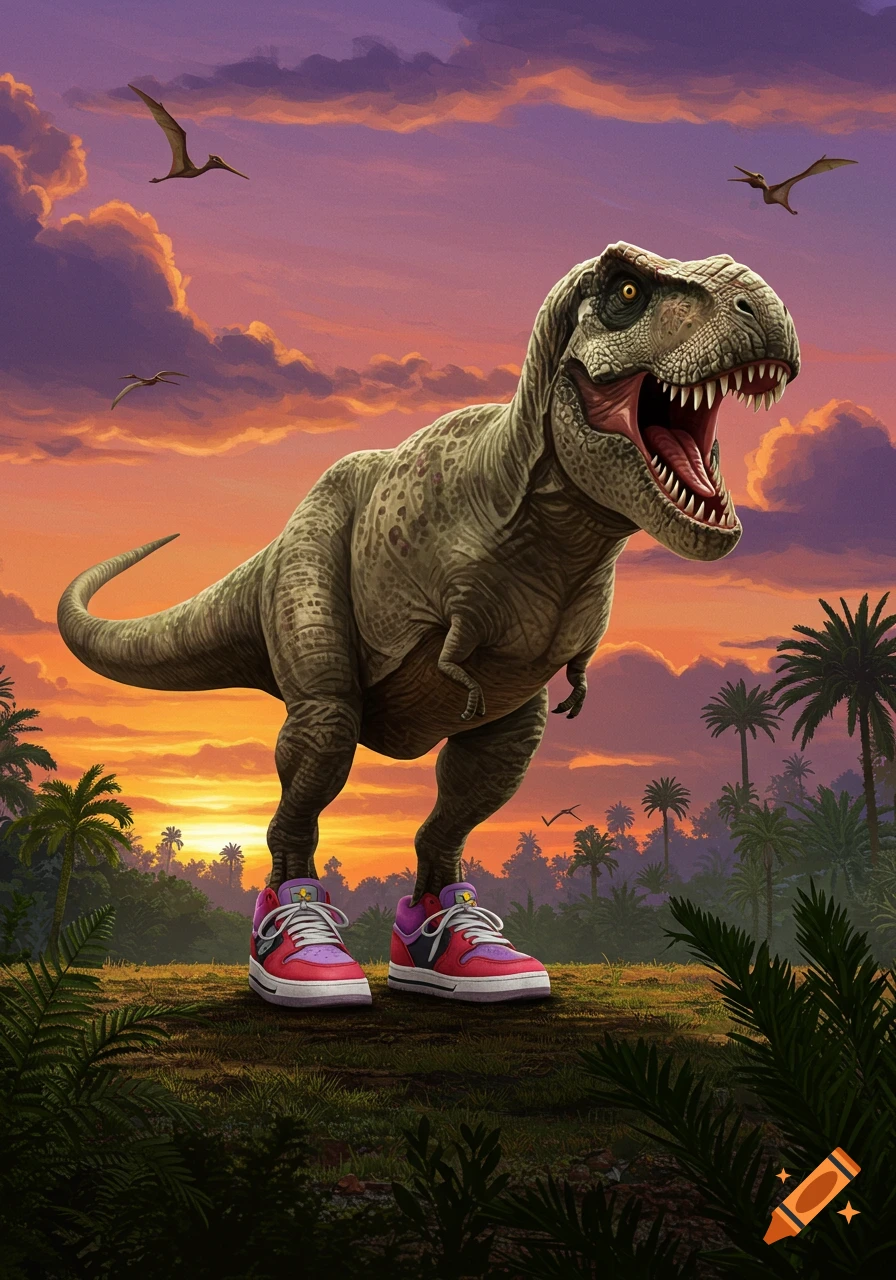A T-Rex wearing pink and purple sneakers stands on a grassy hill at sunset, with palm trees and flying dinosaurs.