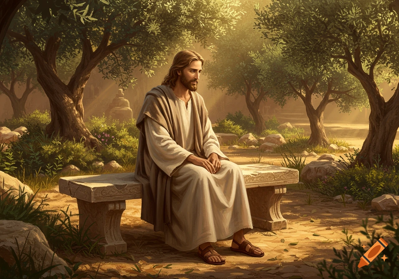 Jesus sits on a stone bench in a sunlit olive grove, appearing pensive in this digital painting.