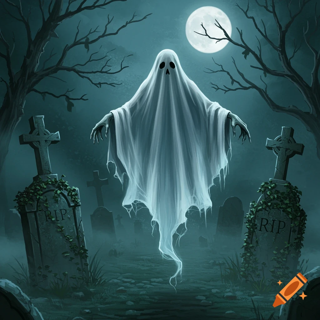 A sheet ghost with skeletal hands floats above a misty graveyard under a full moon, surrounded by crooked trees and old tombstones.