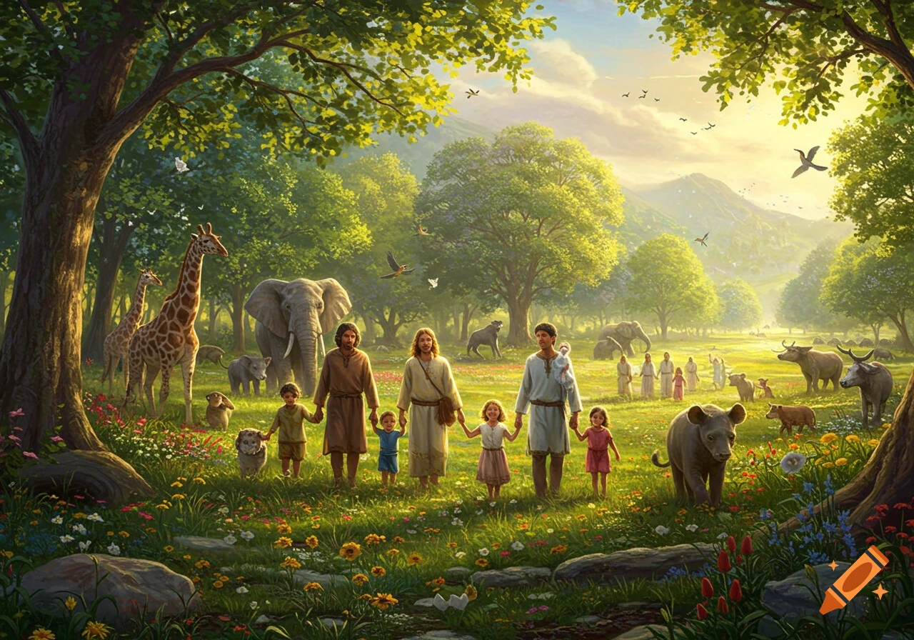 An idyllic, vibrant green landscape shows several families with children and many different animals, including elephants, giraffes, and bears, walking together peacefully in a sunlit forest.