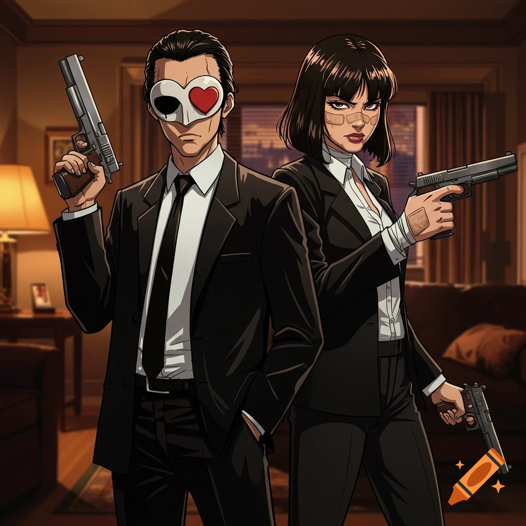 Anime-style illustration of a masked man and a bandaged woman in black suits holding pistols in a dimly lit apartment.