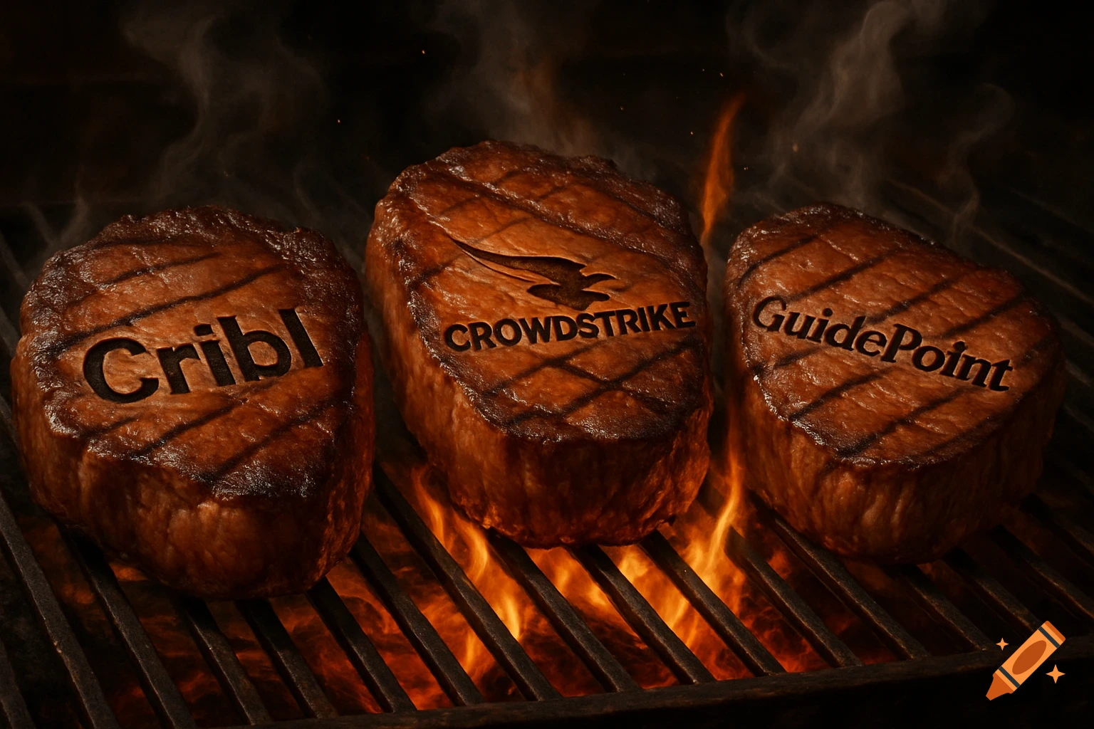 Three steaks on a grill, with 'Cribl', 'CrowdStrike', and 'GuidePoint' seared into them, over flames and smoke.