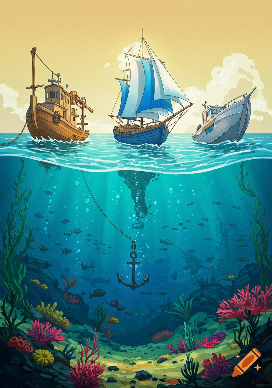 Animated cross-section of the ocean with three boats on the surface and their anchors reaching the coral reef seabed with fish.