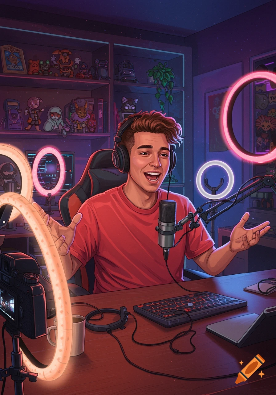 A smiling young male YouTuber with headphones and microphone streams from a room with glowing ring lights and shelves of collectibles.