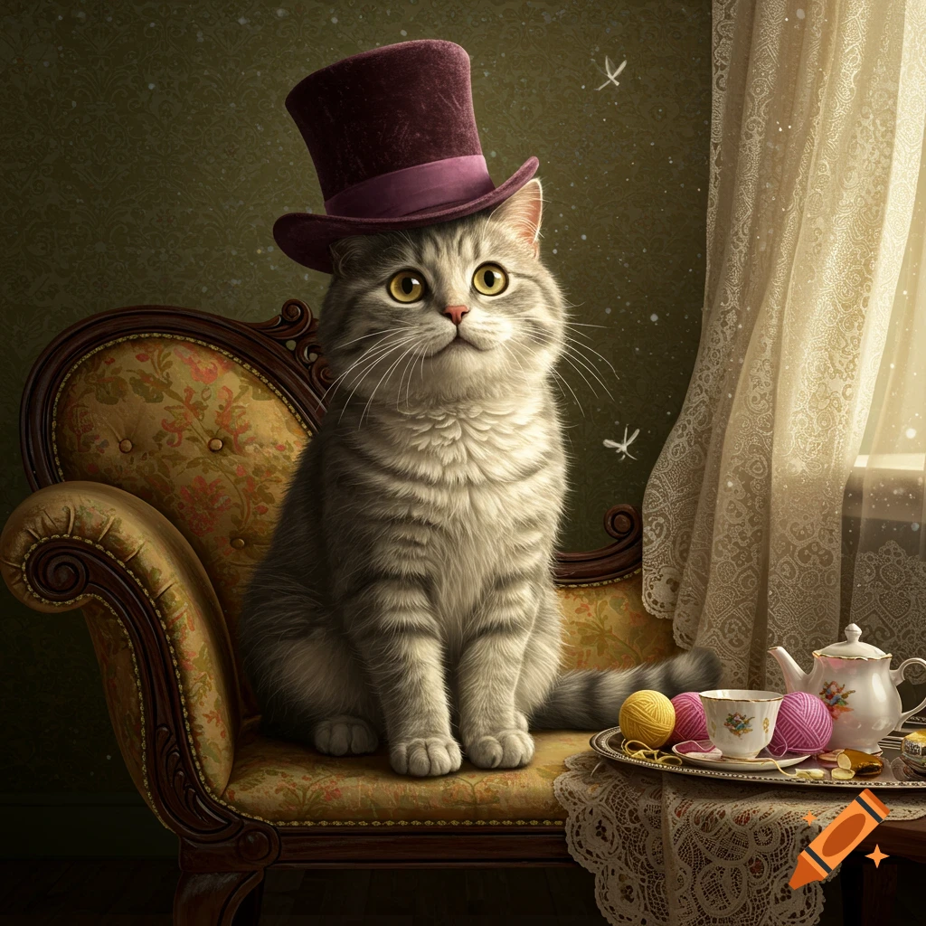 A photorealistic image of a grey tabby cat wearing a purple top hat, sitting on a vintage gold sofa next to a window.