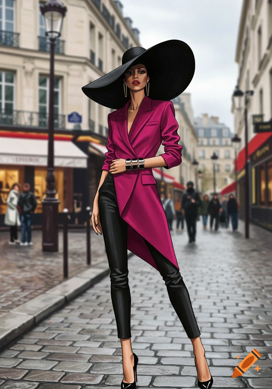 Fashion illustration of a woman in a pink blazer, black pants, and a wide-brimmed hat walking on a cobblestone city street.