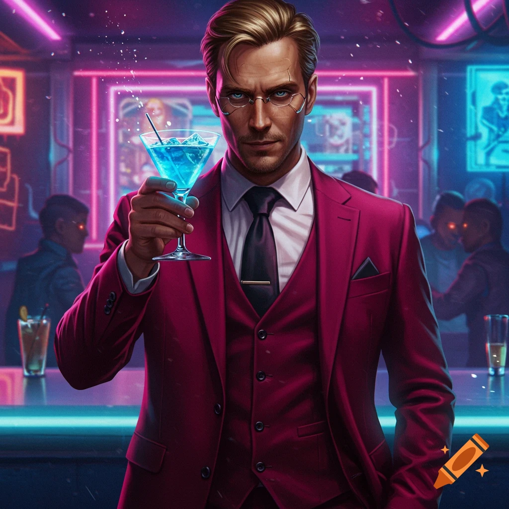 A handsome man with dark blonde hair and glasses in a red suit holds a blue cocktail at a cyberpunk bar.
