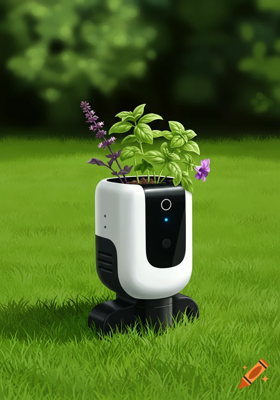 A smart white and black gardening device with basil and purple flowers sits on green grass.