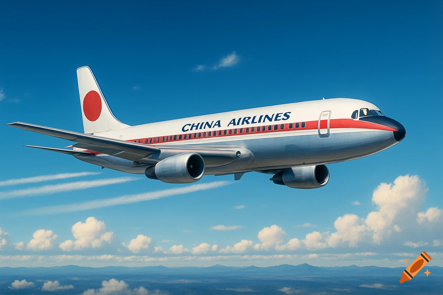 A photorealistic image of a 'China Airlines' plane flying high in a blue sky with white clouds and distant mountains.