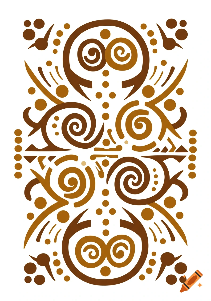 A symmetrical abstract design featuring brown and gold swirling lines, dots, and shapes, resembling tribal patterns.