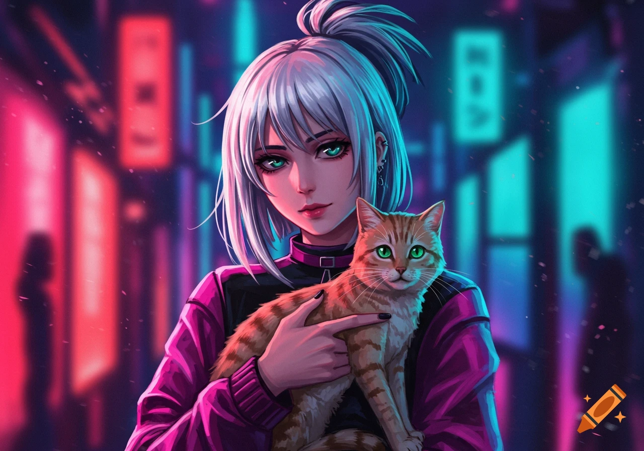 Anime girl with white hair and green eyes holding an orange tabby cat in a neon cityscape.