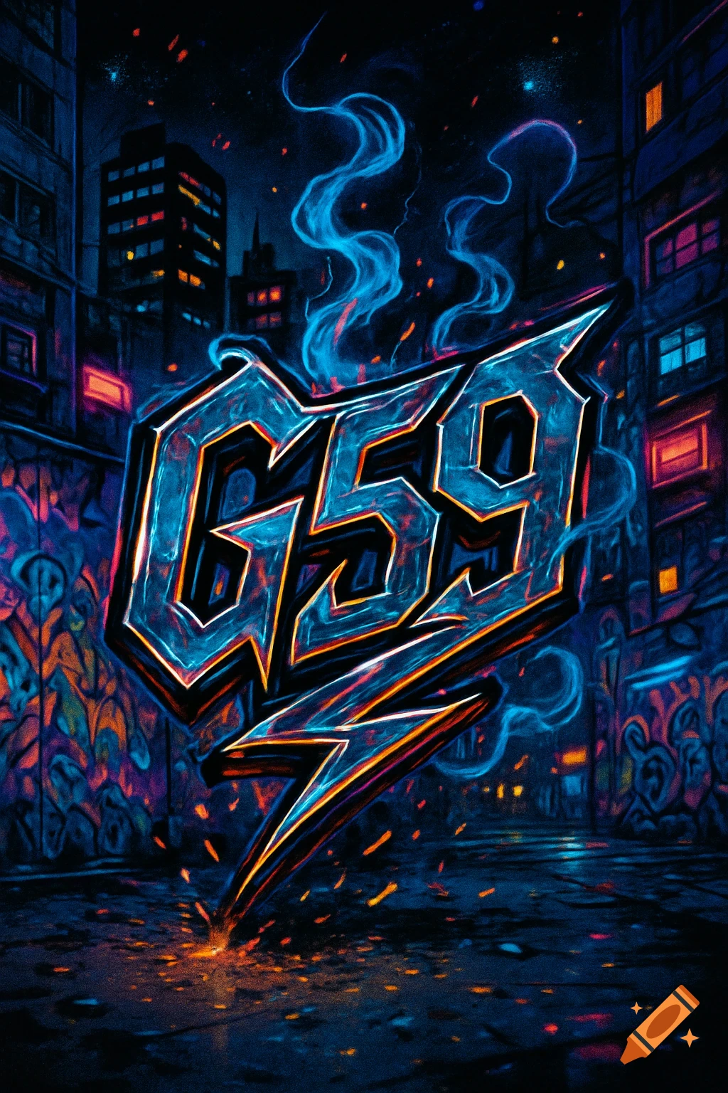 Stylized glowing blue and orange 'G59' logo with a lightning bolt, set against a dark, neon-lit urban night background with graffiti.