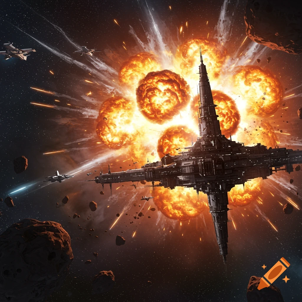 A large space station explodes in deep space, surrounded by spaceships and asteroids, in a dynamic sci-fi style.