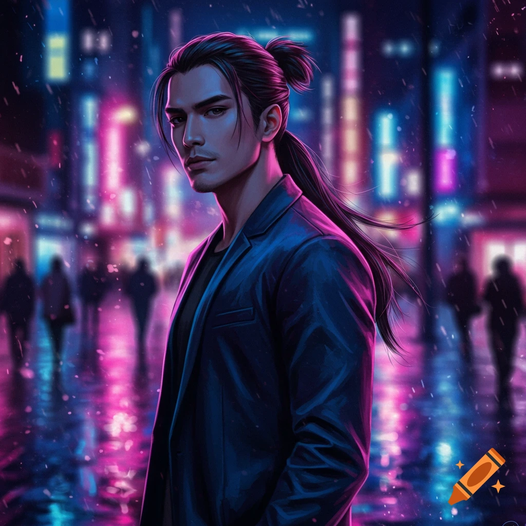 A man with a long ponytail in a blue jacket stands on a rain-slicked neon street at night, looking over his shoulder.