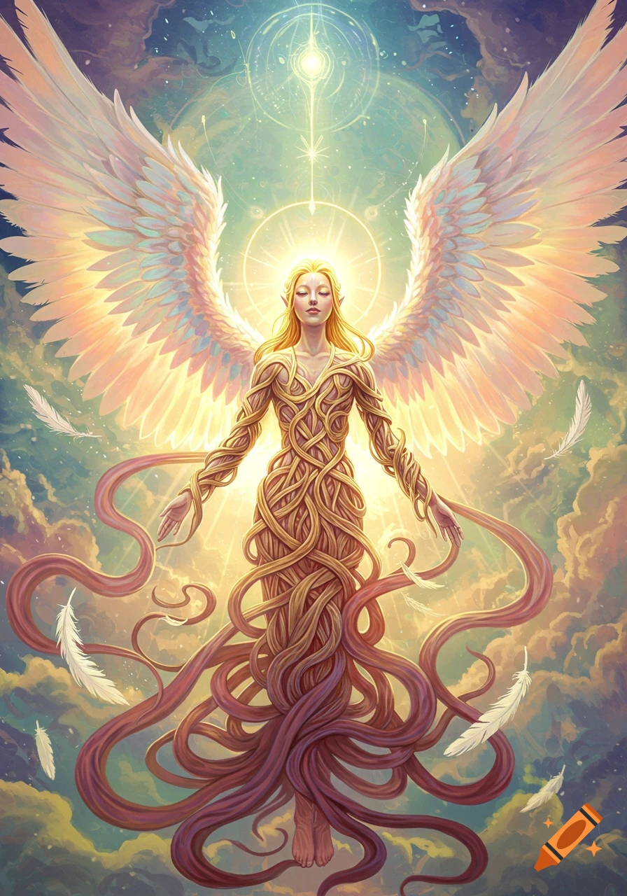 A luminous angelic figure with large white wings and golden hair, enveloped in intertwining golden and red ribbons, against a celestial background.