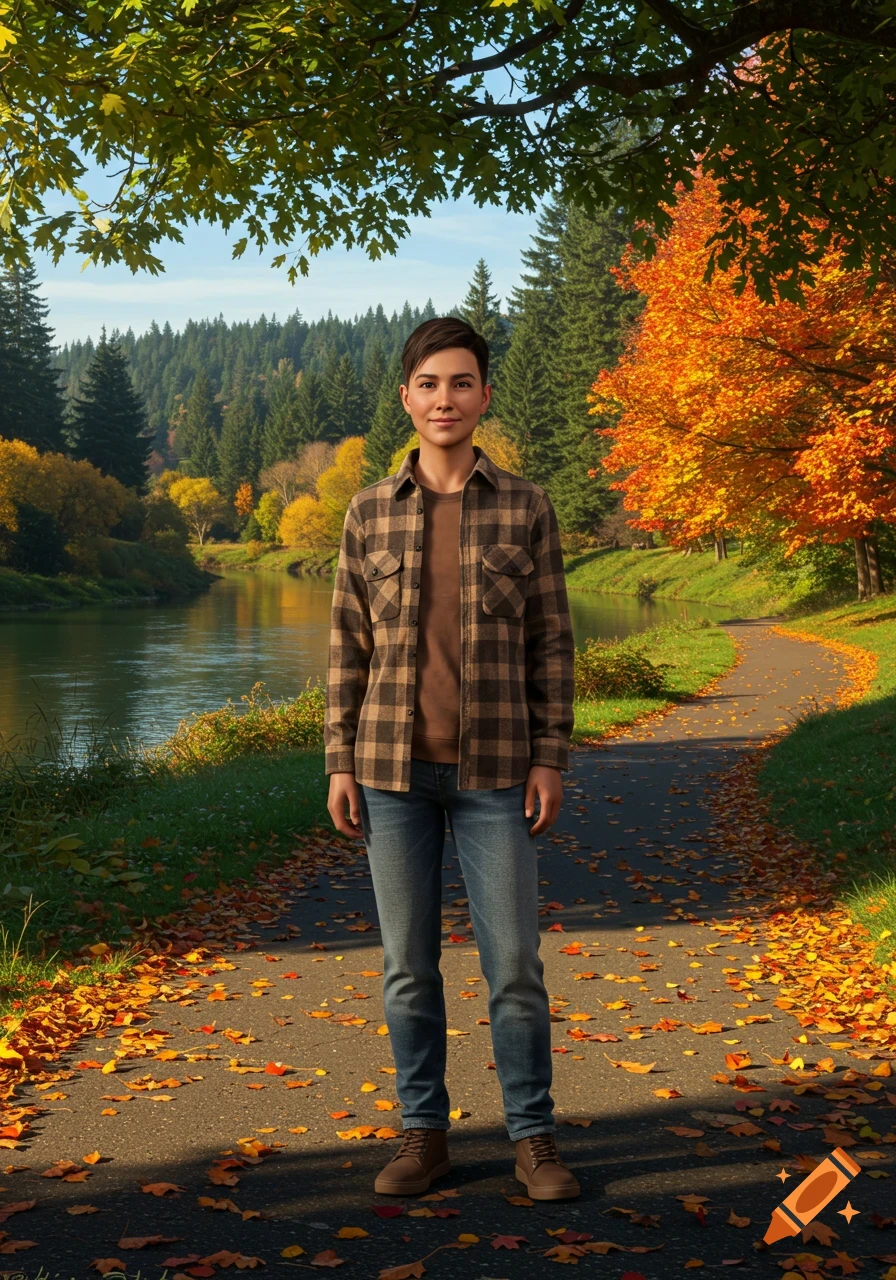 A person in a plaid shirt and jeans stands on an autumn path with colorful leaves. A river and fall trees are in the background under a blue sky.