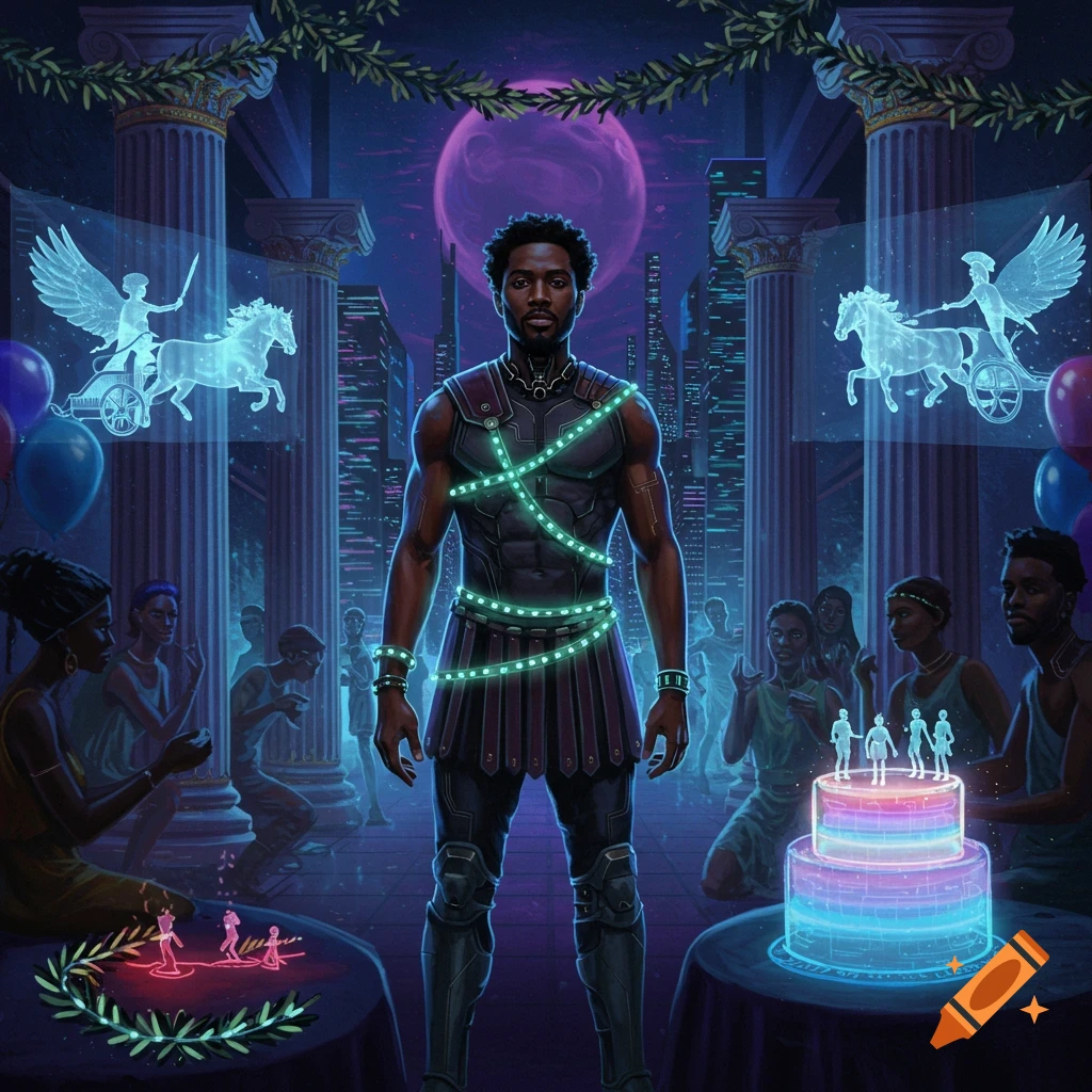 A black man in glowing cyberpunk armor at a futuristic birthday party with Greek columns, a glowing cityscape, and holographic chariots.