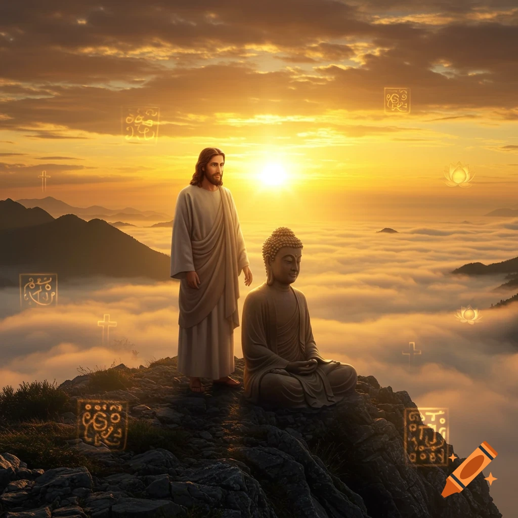 Jesus and Buddha stand on a misty mountain peak at sunrise, surrounded by glowing religious symbols, in a serene and epic style.