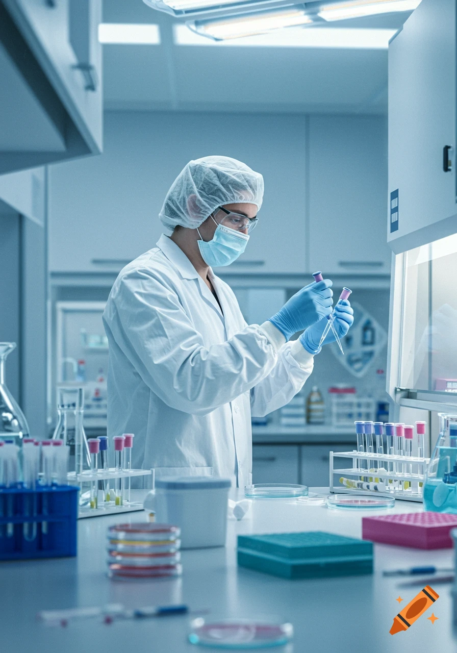 A scientist in a lab coat, mask, and gloves, holding test tubes in a clean, brightly lit laboratory.