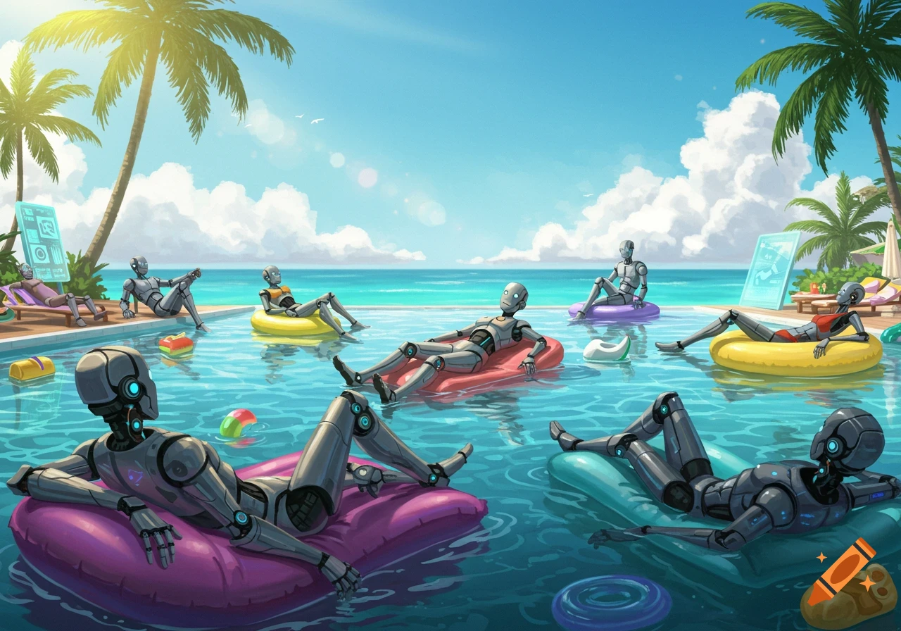 Robots relaxing on inflatable floats in a pool by the ocean under palm trees.
