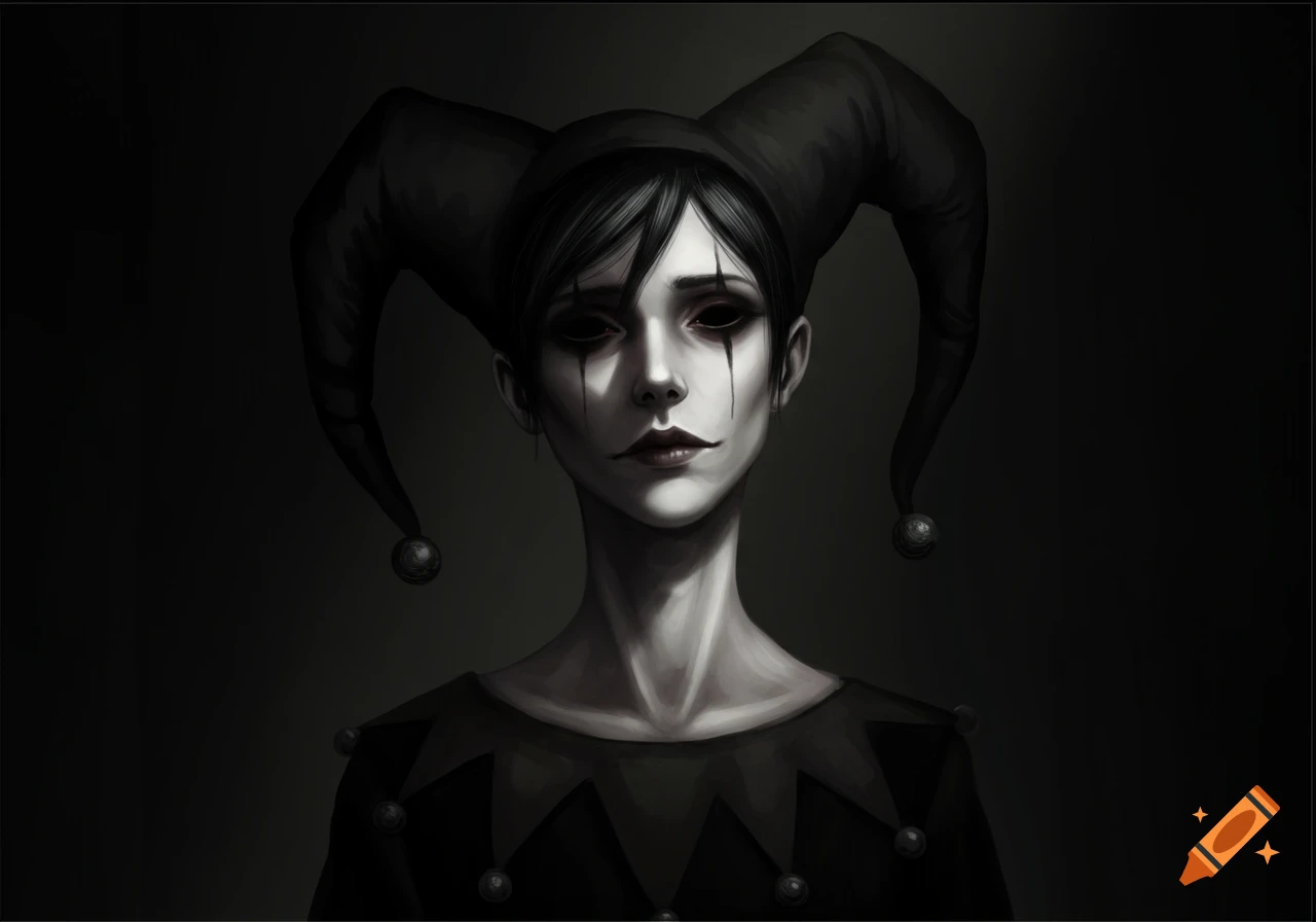 A monochromatic portrait of a gaunt jester with dark eyes and a jester hat against a black background.