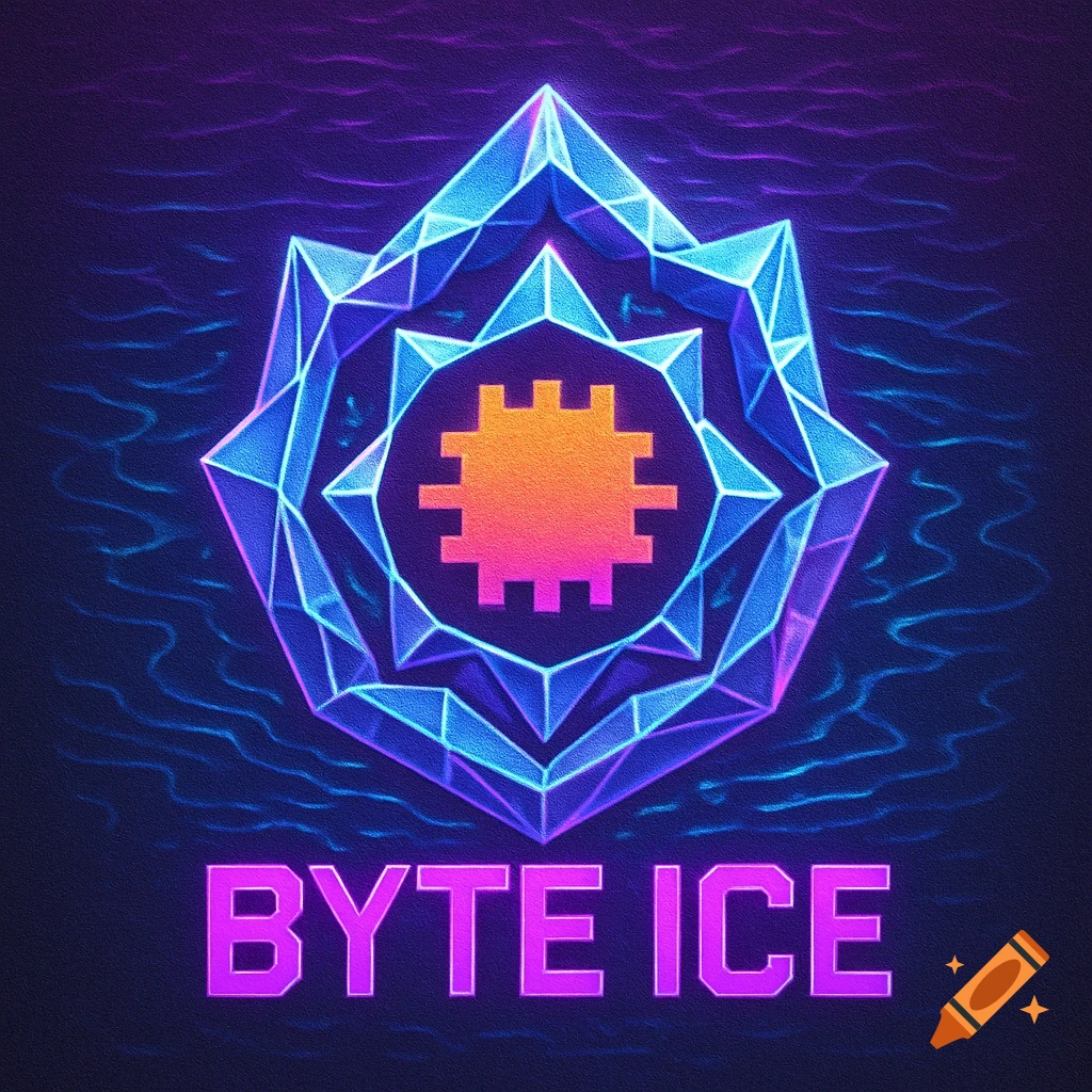 A vibrant neon logo featuring a glowing blue and purple crystalline geometric shape with an orange pixelated chip icon inside, above the pink text 'BYTE ICE', on a dark textured background with wavy blue lines.