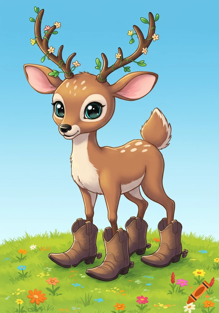 A cute cartoon deer with large eyes and antlers adorned with vines and flowers stands in a grassy field, wearing four cowboy boots.
