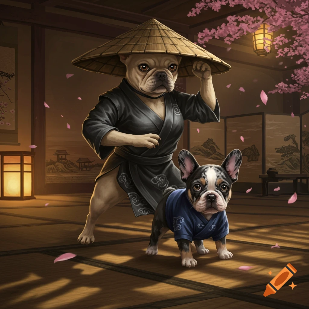 A large beige French Bulldog in a straw hat and black kimono stands with a merle French Bulldog puppy in a blue kimono, in a Japanese dojo with pink cherry blossoms.