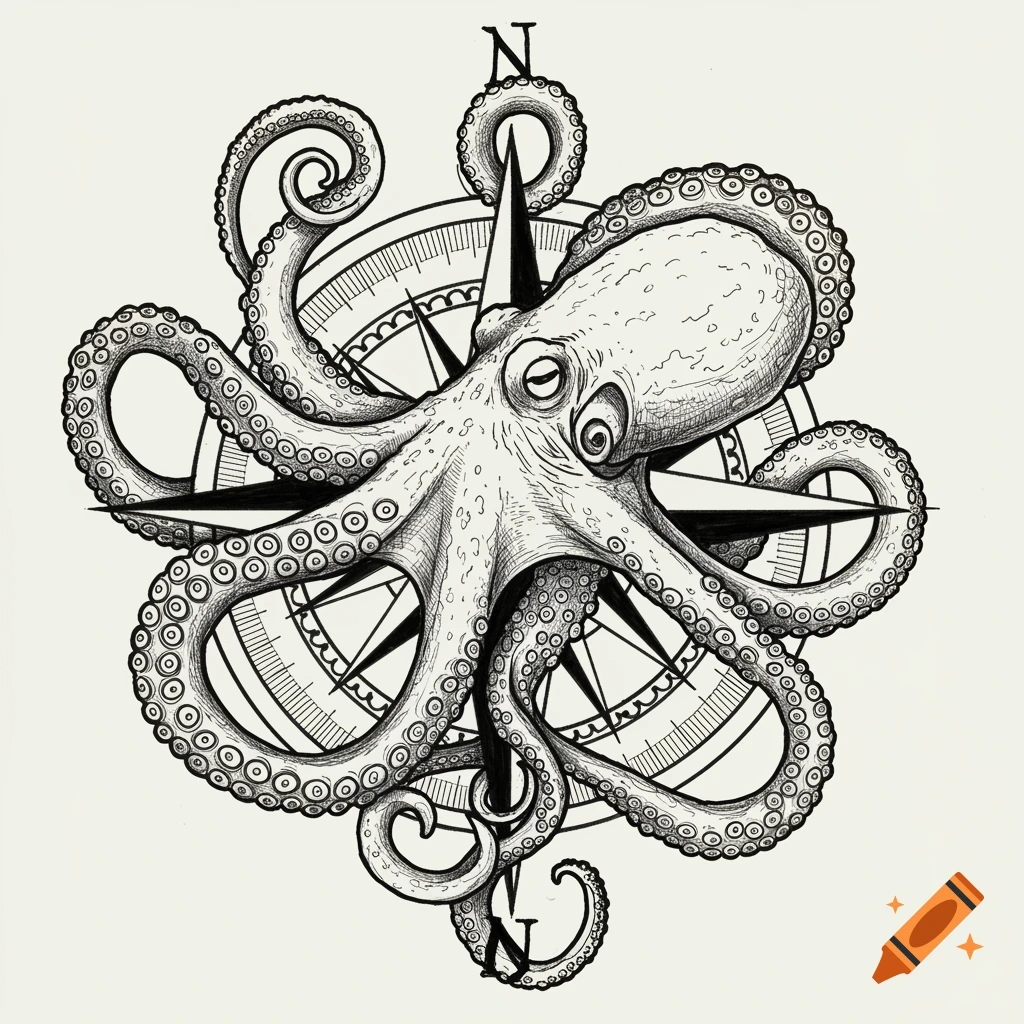 Black and white tattoo design of an octopus wrapped around a nautical compass rose.