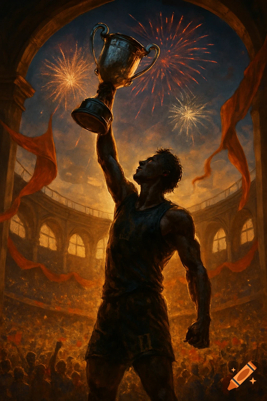 A triumphant athlete raises a golden trophy under fireworks in a crowded stadium, bathed in warm light.