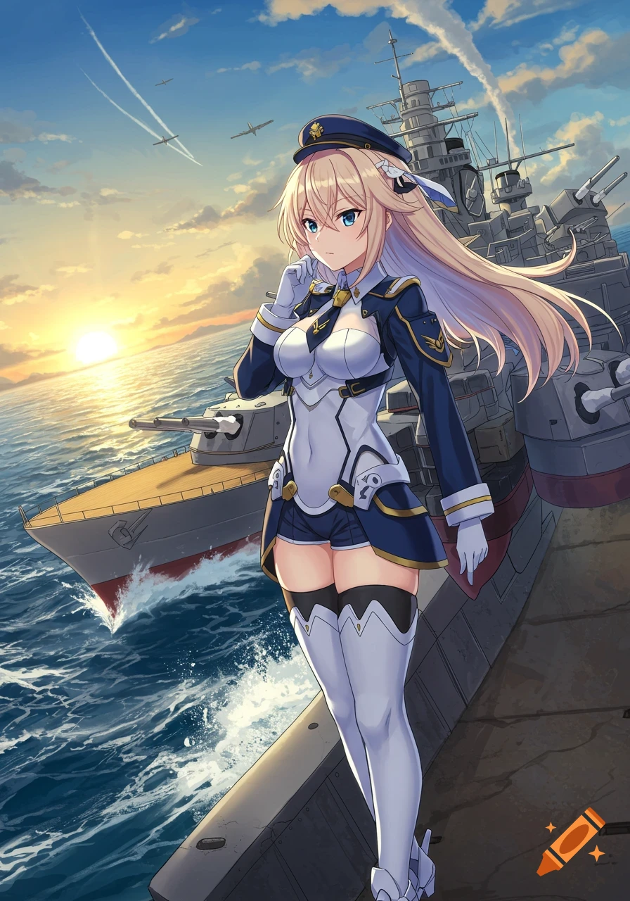 An anime girl with long blonde hair and blue eyes stands on a battleship, wearing a blue and white naval uniform, with another ship and planes in the background at sunset.