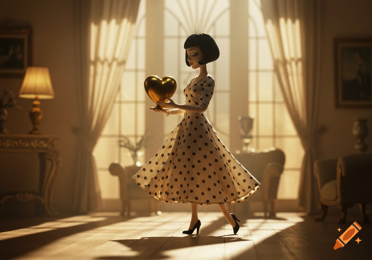 A doll-like woman in a polka dot dress holds a gold heart-shaped vase in a room with light streaming through a window, in a stop-motion animation style.