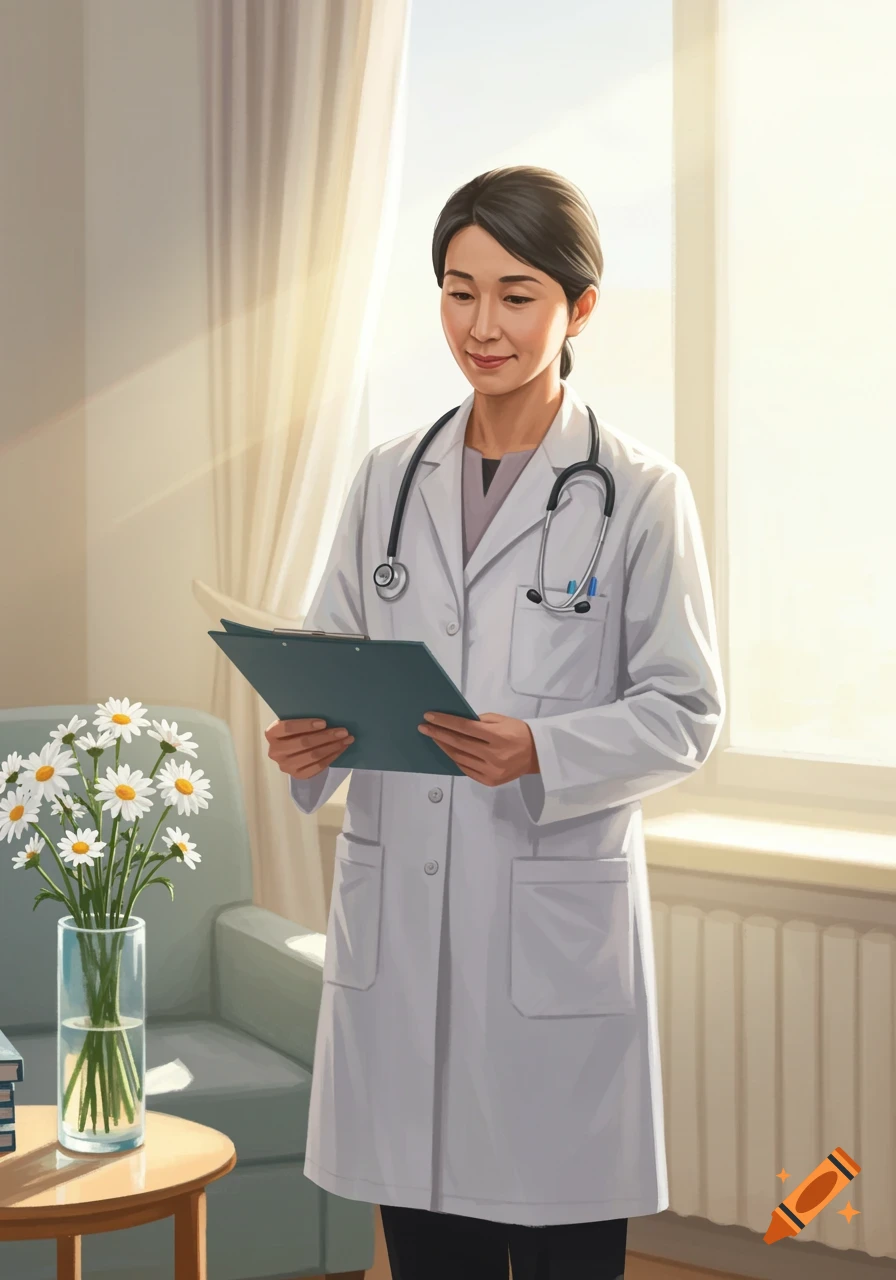 An Asian female doctor wearing a white lab coat and stethoscope stands holding a clipboard in a sunlit room with flowers on a table.