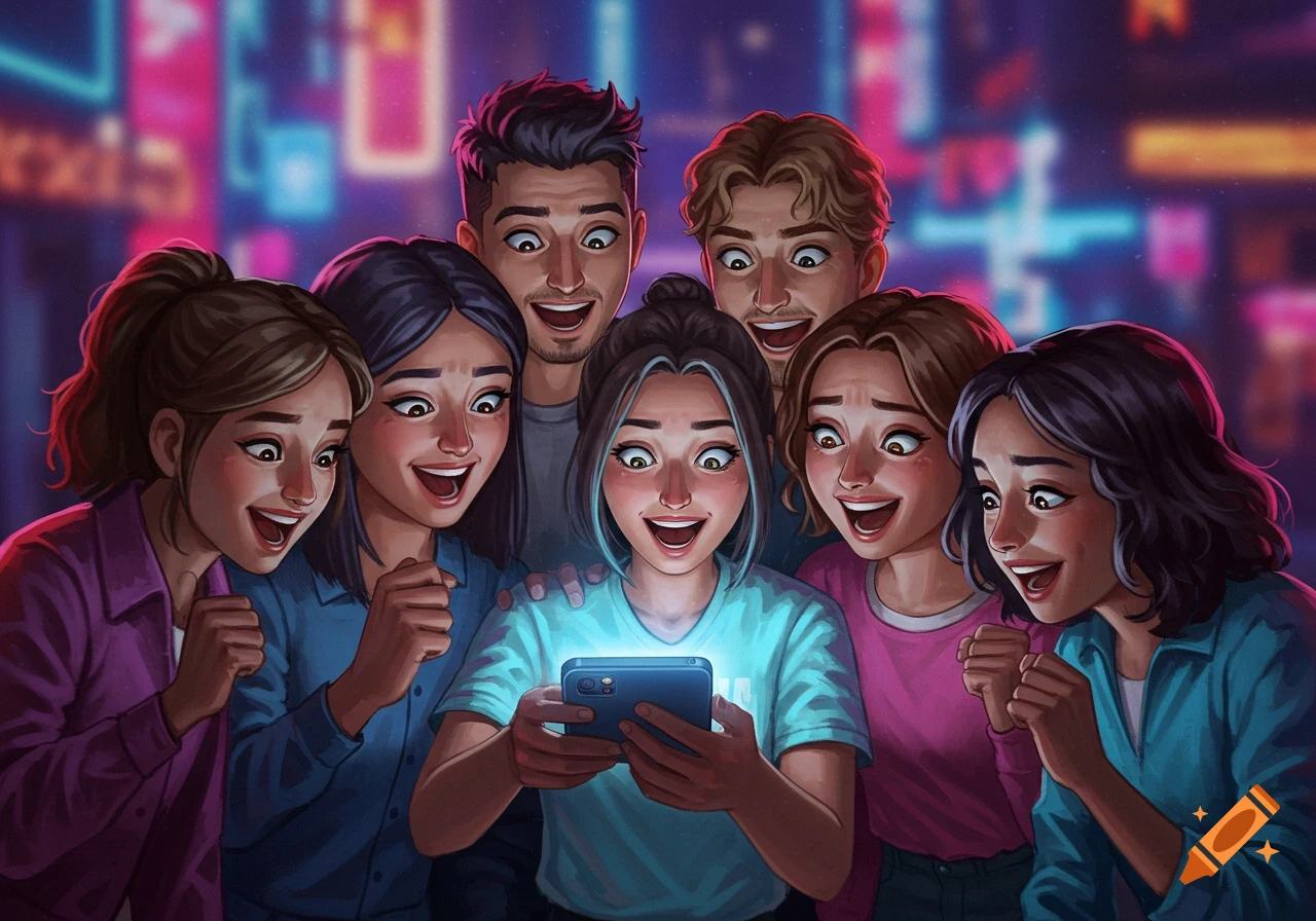 Digital illustration of a diverse group of excited young adults looking at a glowing smartphone screen at night.