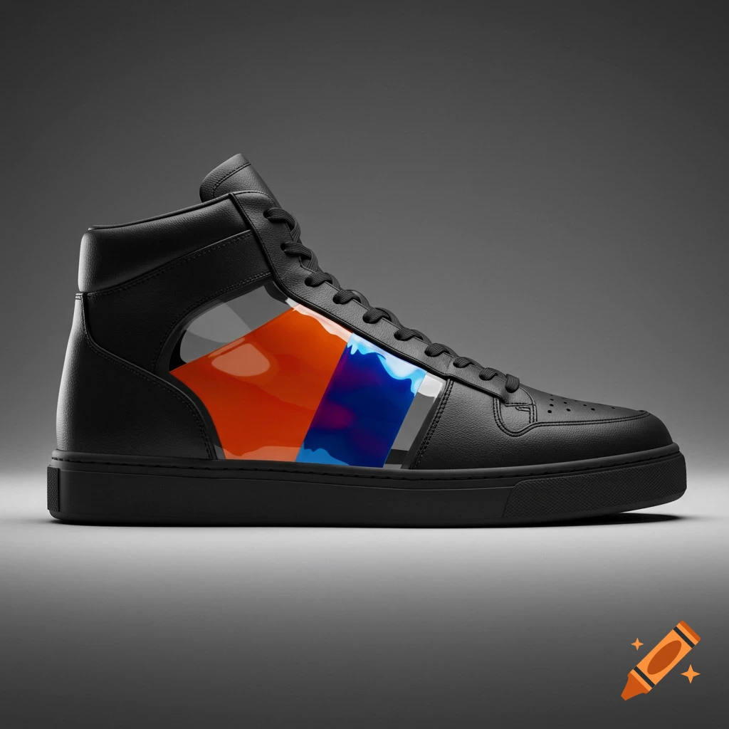 A black high-top sneaker with a transparent side panel revealing orange and blue fluid-like strips, set against a grey background.