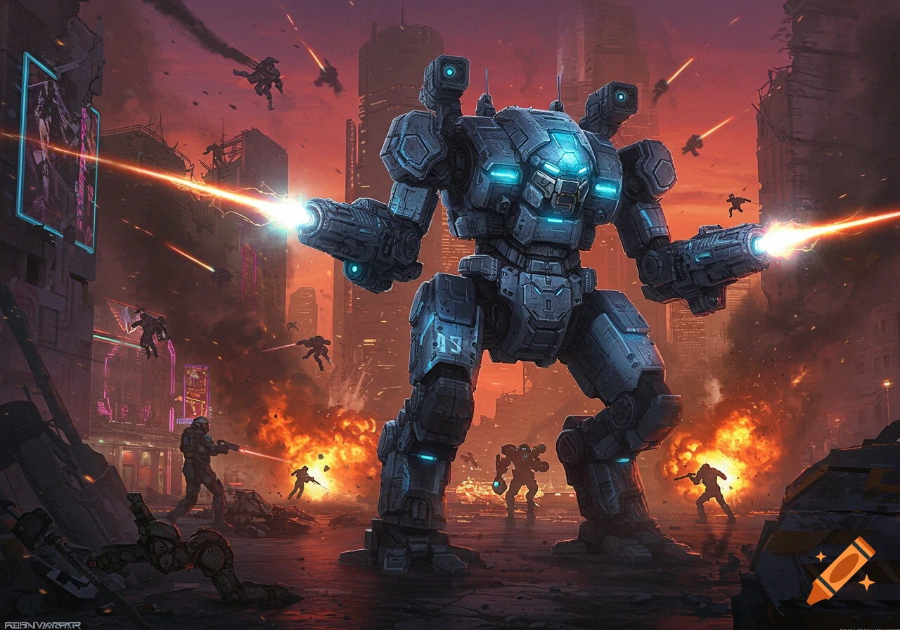 A large futuristic mech battles human soldiers in a burning, destroyed cyberpunk city at dusk, with lasers and explosions.