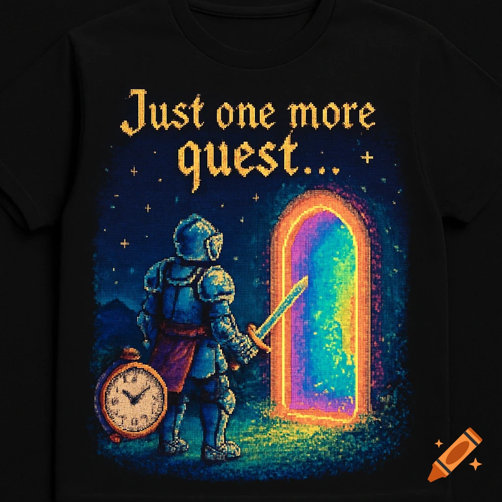 Pixel art of a knight with a sword and a clock, facing a colorful glowing portal with the text 'Just one more quest...' above.