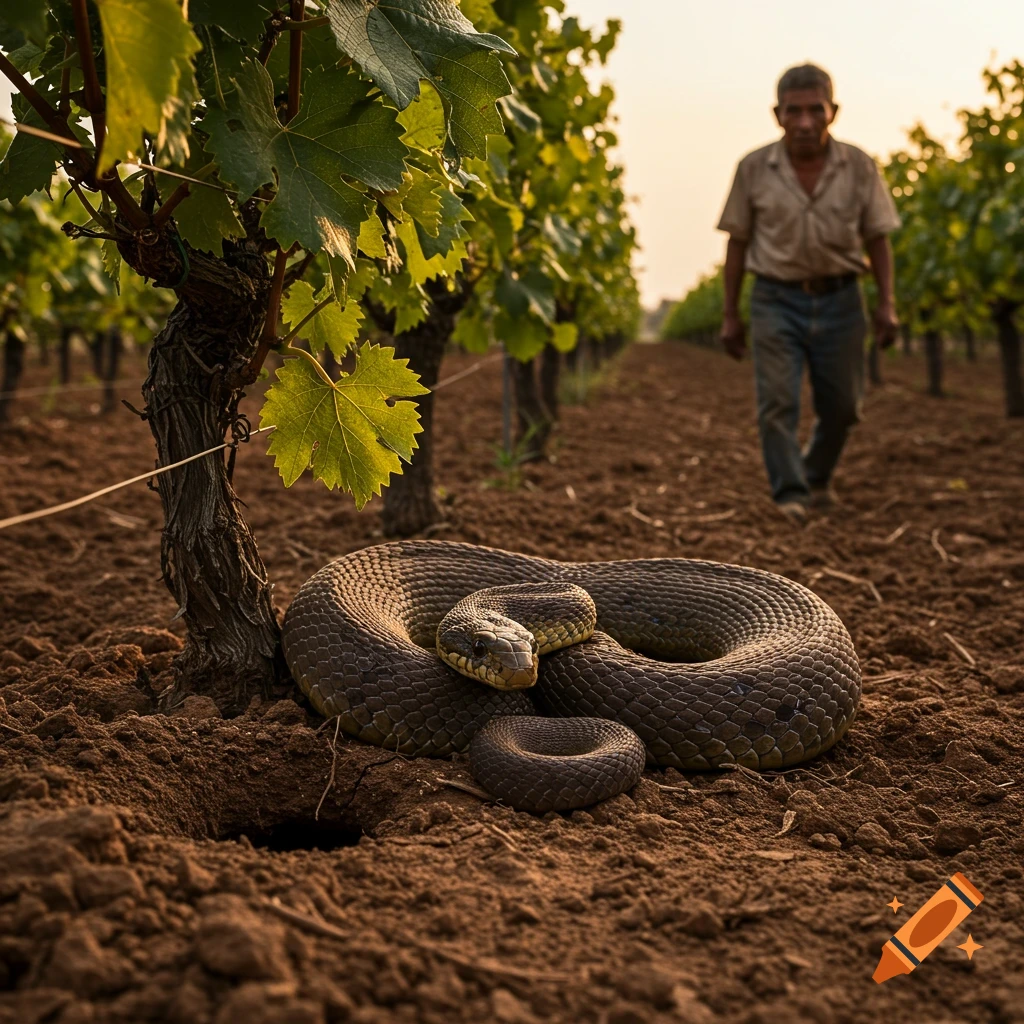 A hyperrealistic photo of a snake coiled on dry soil in a vineyard, with a man walking in the background at golden hour.