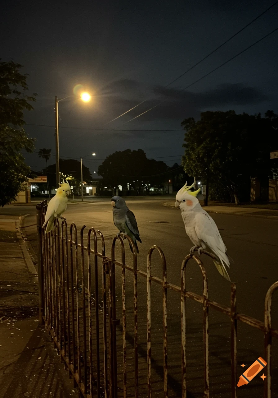 Three parrots, two white cockatoos and one grey-blue parrot, perch on a rusty fence along a dark street at night, illuminated by a street lamp.