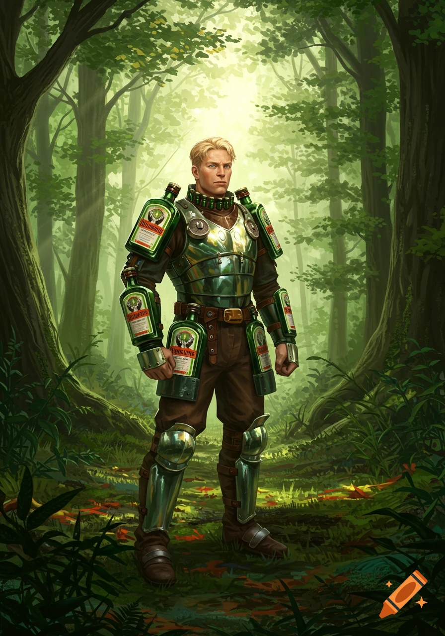 A blond man in Jägermeister bottle armor stands in a sunlit forest, concept art style.