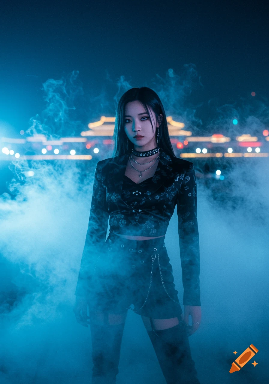 A woman with long dark hair and dark makeup in a black cropped jacket and short skirt stands in blue smoke. Illuminated buildings in the dark background.