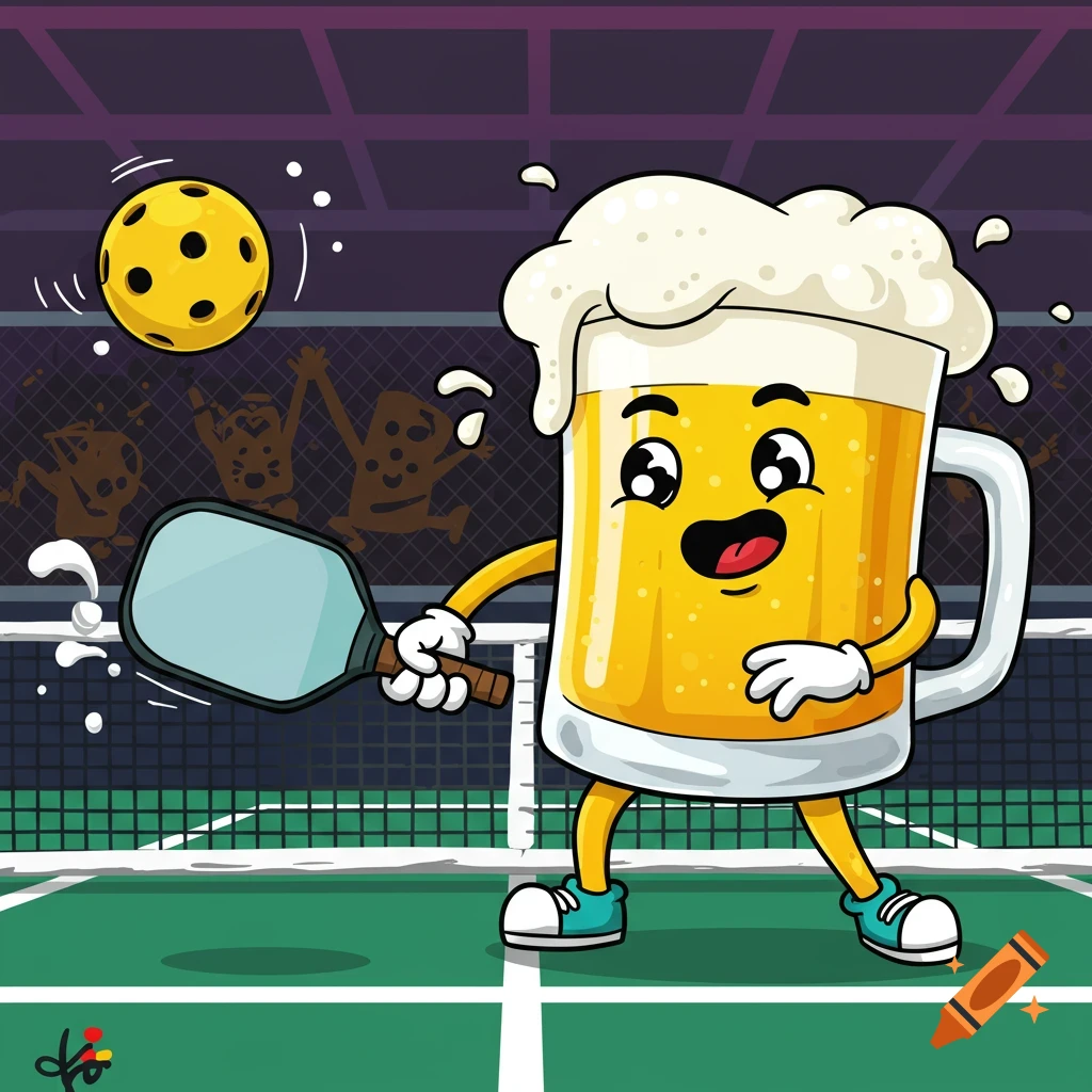 A cartoon beer mug character with arms and legs holds a pickleball paddle, ready to hit a pickleball on a green court.