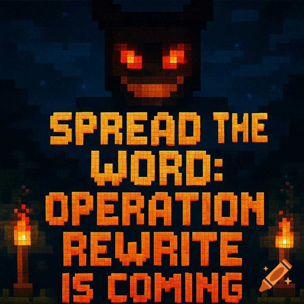 Dark pixel art with a glowing-eyed monster head and orange text 'SPREAD THE WORD: OPERATION REWRITE IS COMING', flanked by torches.